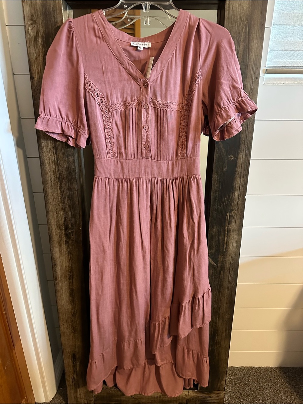 Baltic Born XS Dusty Rose Boho Maxi Dress Lace Pintuck Ruffle High Low Hem